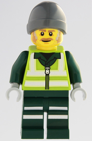 Recycling Worker - Male, Lime Safety Jacket with Reflective Stripes, Dark Green Legs with Reflective Stripes, Dark Bluish Gray Beanie