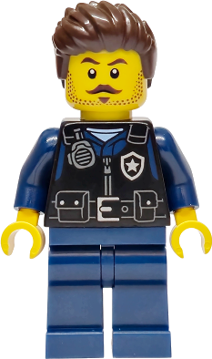Police - City Officer Male, Black Safety Vest with Silver Star Badge Logo, Dark Blue Legs, Dark Brown Wavy Hair