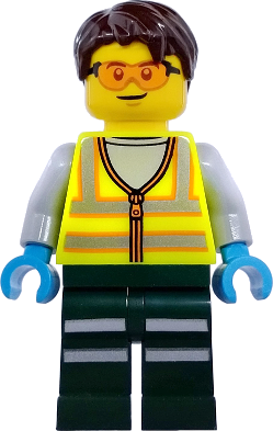 Service Truck Driver - Male, Neon Yellow Safety Vest with Reflective Stripes, Dark Green Legs with Reflective Stripes, Dark Brown Hair