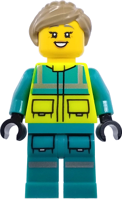Paramedic - Female, Dark Turquoise and Neon Yellow Safety Vest, Legs with Silver Reflective Stripes, Dark Tan Hair