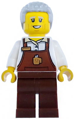 Barista - Male, Reddish Brown Apron with Cup and Name Tag, Reddish Brown Legs, Light Bluish Gray Hair Coiled