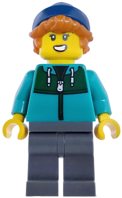 Plane Passenger - Female, Dark Turquoise Jacket with Dark Green Panel, Dark Bluish Gray Legs, Dark Blue Beanie