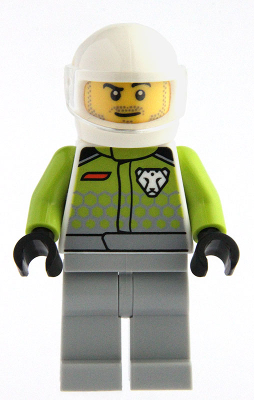 Go-Kart Driver - Male, Lime Racing Suit with Leopard Logo, Light Bluish Gray Legs, White Helmet, Trans-Clear Visor, Goatee Stubble