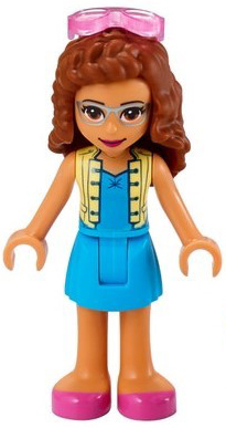 Friends Olivia (Nougat) - Dark Azure Skirt and Top with Bright Light Yellow Vest, Dark Pink Shoes, Sunglasses