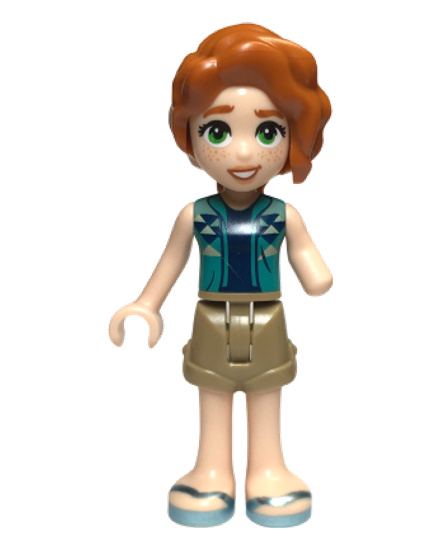 Friends Autumn - Dark Turquoise Vest over Dark Blue Shirt, Dark Tan Shorts, Metallic Light Blue Sandals