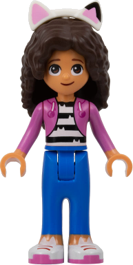 Gabby - Dark Pink Jacket over Black and White Striped Shirt, Blue Trousers