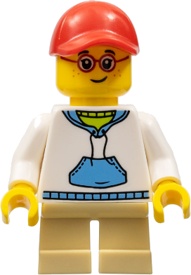 Child - Boy, White Hoodie with Medium Blue Pocket, Tan Short Legs, Red Cap, Glasses, Freckles