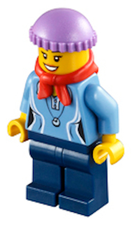 Medium Blue Female Shirt with Two Buttons and Shell Pendant, Dark Blue Legs, Red Bandana, Medium Lavender Knit Cap