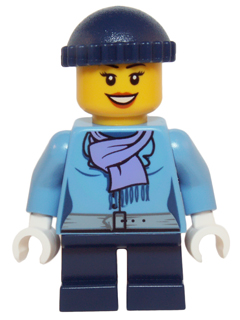 Medium Blue Jacket with Light Purple Scarf, Dark Blue Short Legs, Dark Blue Knit Cap