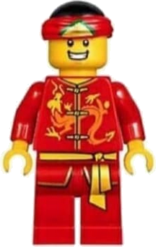 Dragon Dance Performer, Tied Red Bandana, Open Mouth Smile with Teeth