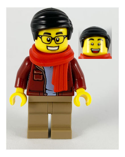 Man, Dark Red Jacket with Bright Light Blue Shirt, Dark Tan Legs, Red Scarf, Black Smooth Hair, Glasses