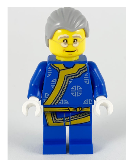 Shadow Puppeteer, Light Bluish Gray Hair, Glasses, Blue Changshan with Yellow Hem and Sash, Silver Circles Pattern