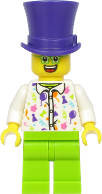 Birthday Party Guest, Dark Purple Top Hat, Green Glasses, White Shirt, Lime Legs