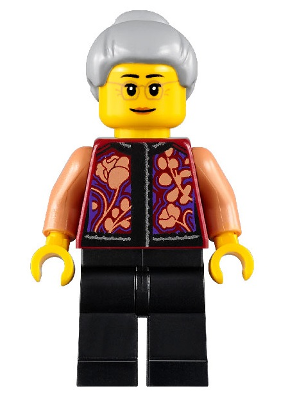 Grandmother, Floral Shirt, Black Legs, Light Bluish Gray Hair, Glasses