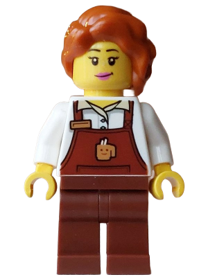 Barista Hot Chocolate Stand - Female, Reddish Brown Apron with Cup and Name Tag, Reddish Brown Legs, Dark Orange Hair with Braid