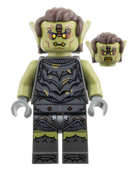 Orc - Olive Green Head, Pearl Dark Gray Armor with Dirt Splotches, Dark Brown Hair, Yellow Eyes
