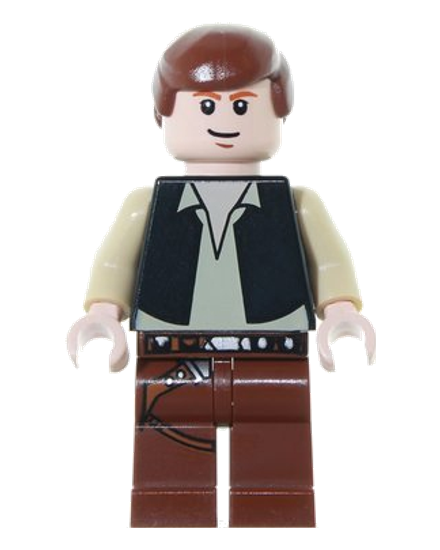 Han Solo - Black Vest over Tan Shirt, Reddish Brown Legs with Belts, Eyes with Glints