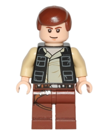 Han Solo - Black Vest with Pockets over Tan Shirt with Dark Tan Creases, Reddish Brown Legs with Belts