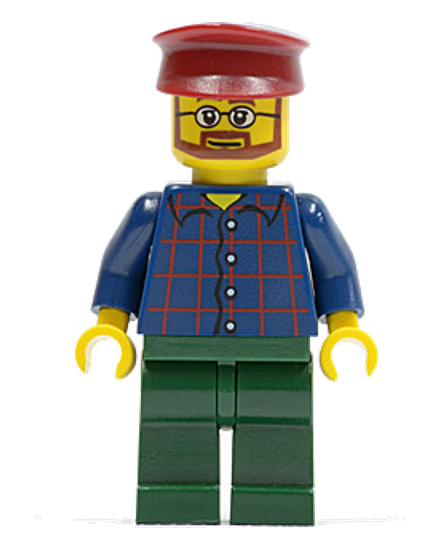 Plaid Button Shirt, Dark Green Legs, Dark Red Hat, Glasses, Reddish Brown Beard (Carousel Operator)