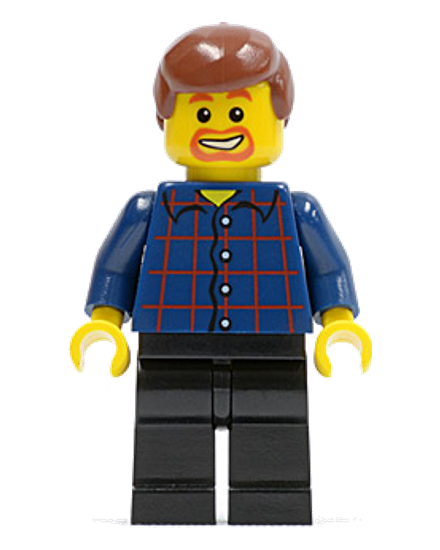 Plaid Button Shirt, Black Legs, Reddish Brown Male Hair, Dark Orange Goatee and Eyebrows
