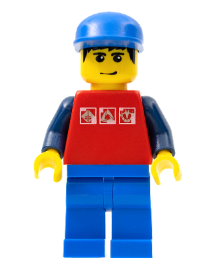 Red Shirt with 3 Silver Logos, Dark Blue Arms, Blue Legs, Blue Cap