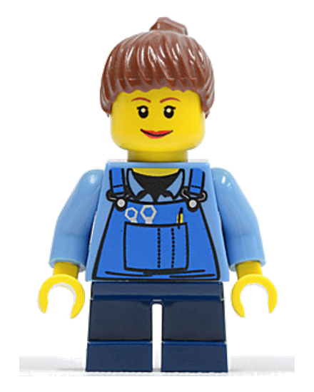 Overalls with Tools in Pocket Blue, Reddish Brown Ponytail Hair, Lipstick, Dark Blue Short Legs