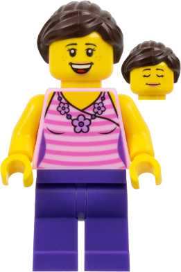 Female, Dark Pink Striped Top, Dark Purple Legs, Dark Brown Hair Ponytail and Swept Sideways Fringe