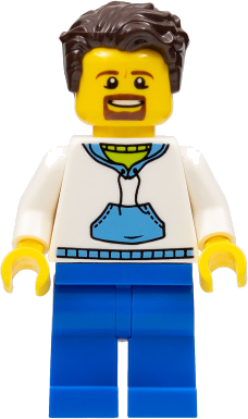 Ludo Blue - Male, White Hoodie with Medium Blue Pocket, Blue Legs, Dark Brown Tousled Hair, Goatee