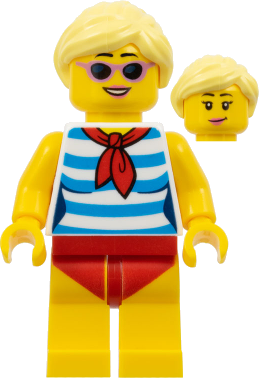 Ludo Yellow - Female, Dark Azure and White Striped Shirt with Red Scarf, Yellow Legs with Red Swimsuit, Bright Light Yellow Ponytail, Sunglasses