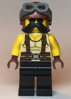 Man, Tan Tank Top, Black Moustache, Reddish Brown Suspenders and Aviator Cap with Dark Bluish Gray Goggles
