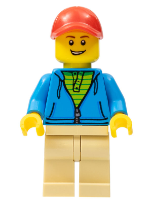 Man, Dark Azure Hoodie with Green Striped Shirt, Tan Legs, Red Cap