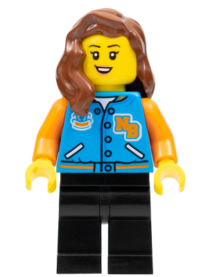 Female with Sports Jacket, Black Legs, Reddish Brown Hair