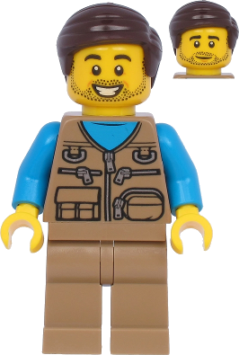 Male with Dark Tan Vest Over Dark Azure Shirt, Dark Tan Legs, Dark Brown Hair