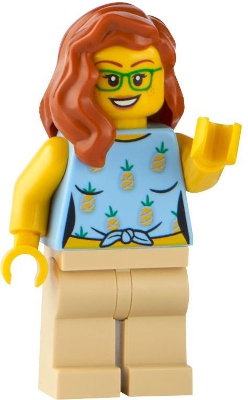 Land Rover Classic Defender Driver - Female, Bright Light Blue Knotted Top with Pineapples, Tan Legs, Dark Orange Hair, Green Glasses