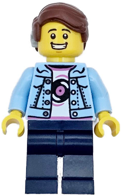 Burger Truck Customer - Male, Bright Light Blue Denim Jacket over Shirt with Record, Dark Blue Legs, Reddish Brown Hair with Cochlear Implant