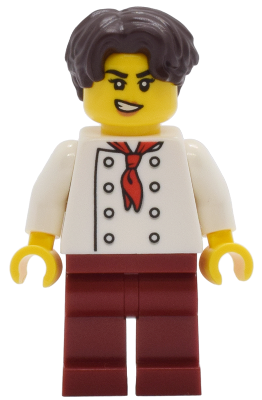 Tudor House Chef - White Torso with 8 Buttons, Dark Red Legs, Dark Brown Hair Wavy