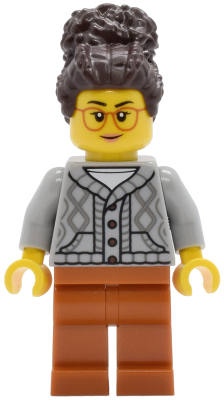 Tudor House Inn Owner - Light Bluish Gray Knit Cable Cardigan Sweater, Dark Orange Legs, Dark Brown Coiled Hair with Bun